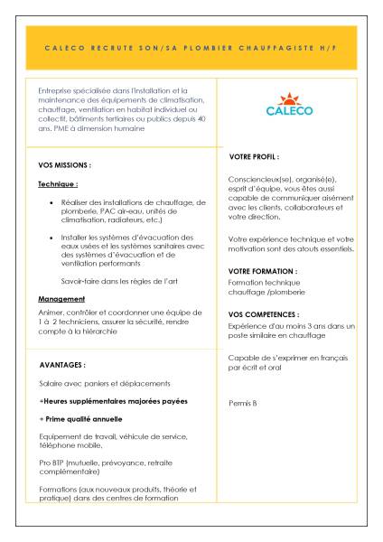 Caleco recrute plombier chauffagiste HF